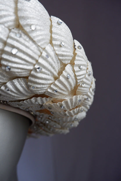 Vintage Jack McConnell Red Feather Hat – Sculpted Straw with Faux Rhinestone Seashell Design

