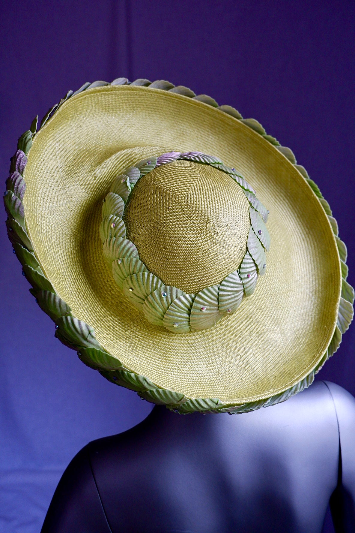 Vintage Jack McConnell Couture Hat – Sculpted Green Seashell Crown with Rhinestones & Pearl Band