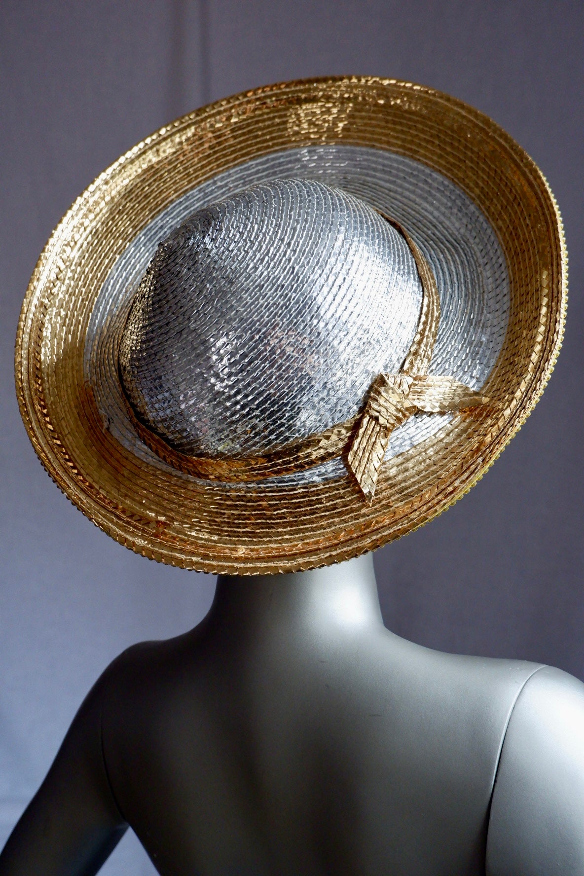 Vintage Jack McConnell Couture Red Feather Hat – Layered Metallic Straw with Rhinestone Detail

