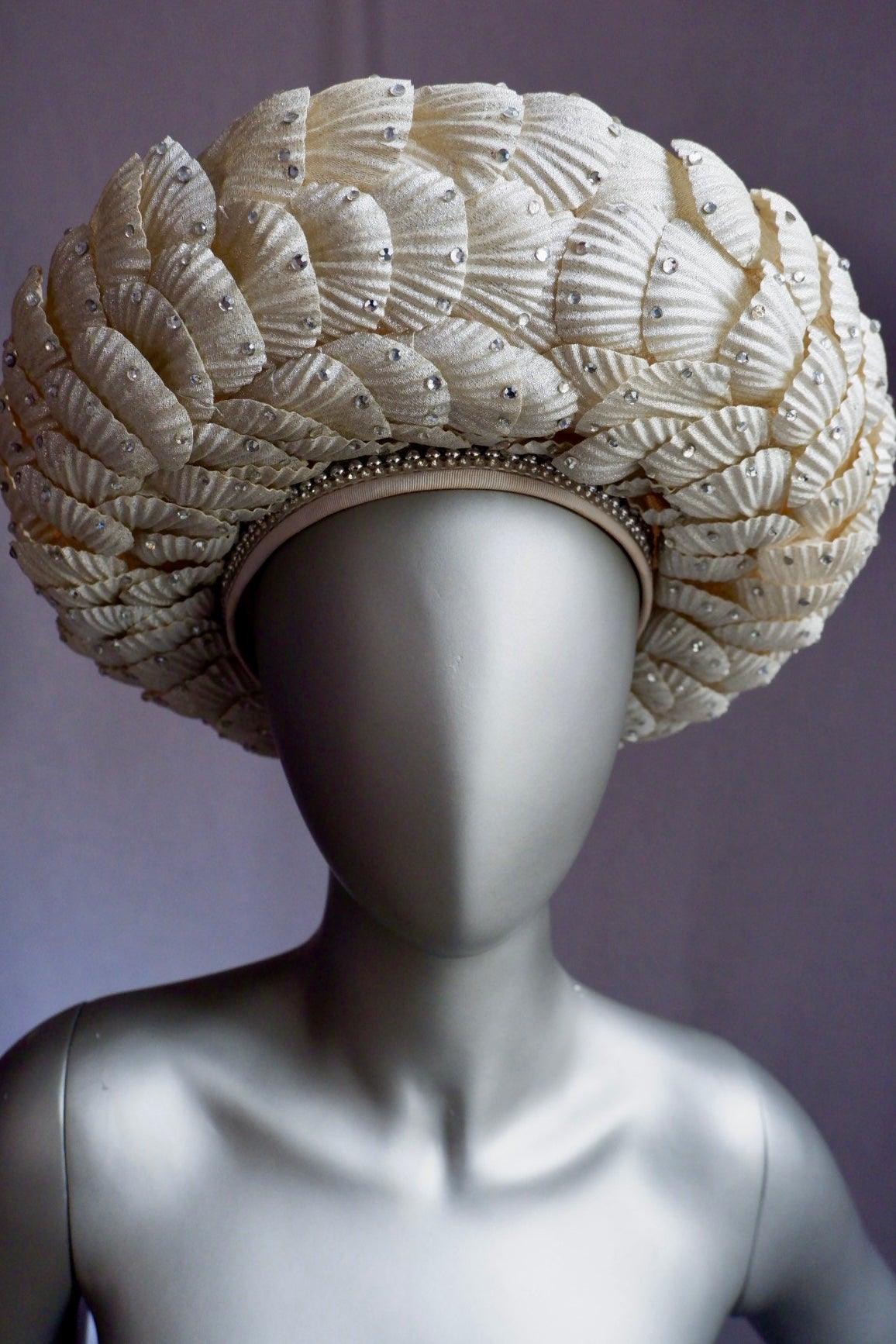 Vintage Jack McConnell Red Feather Hat – Sculpted Straw with Faux Rhinestone Seashell Design

