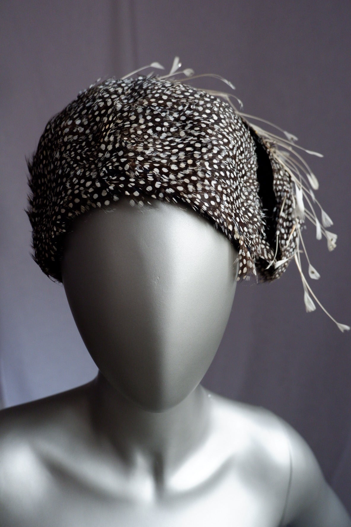 Vintage Jack McConnell Red Feather Hat – Guinea Feather Shell with Sculpted Quill Sprays