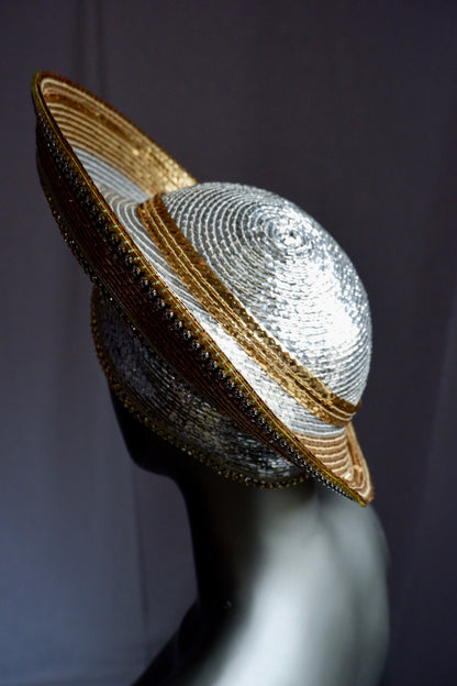 Vintage Jack McConnell Couture Red Feather Hat – Layered Metallic Straw with Rhinestone Detail

