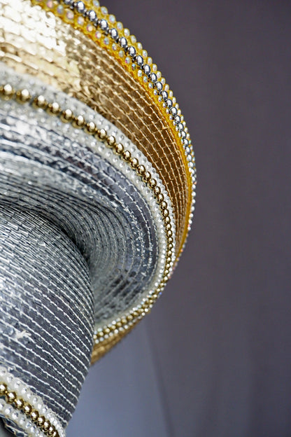 Vintage Jack McConnell Couture Red Feather Hat – Layered Metallic Straw with Rhinestone Detail

