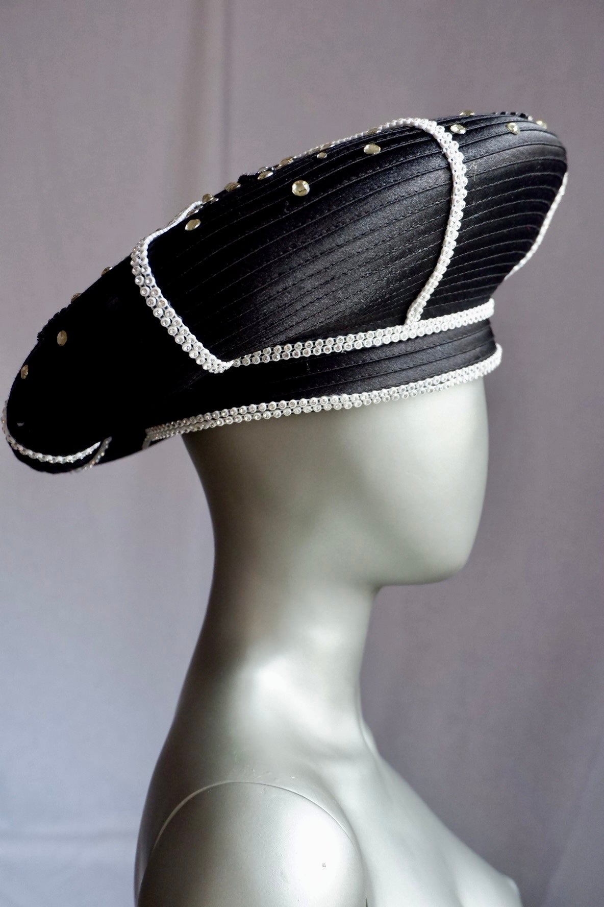 Vintage Sculptural Black Hat with Rhinestone Sunburst & Pearl Trim