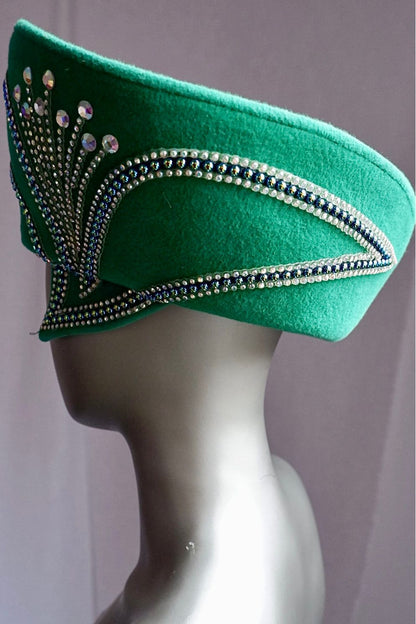 Vintage Jack McConnell Kelly Green Sculptural Wool Hat with Rhinestone Sunburst Detail