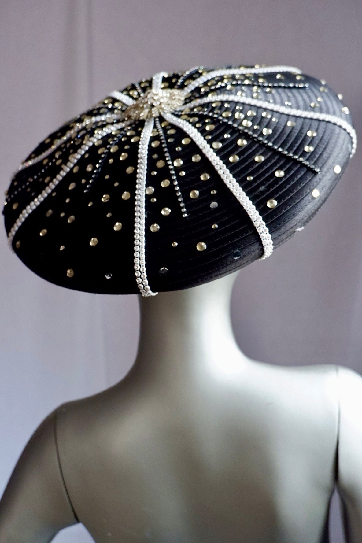 Vintage Sculptural Black Hat with Rhinestone Sunburst & Pearl Trim