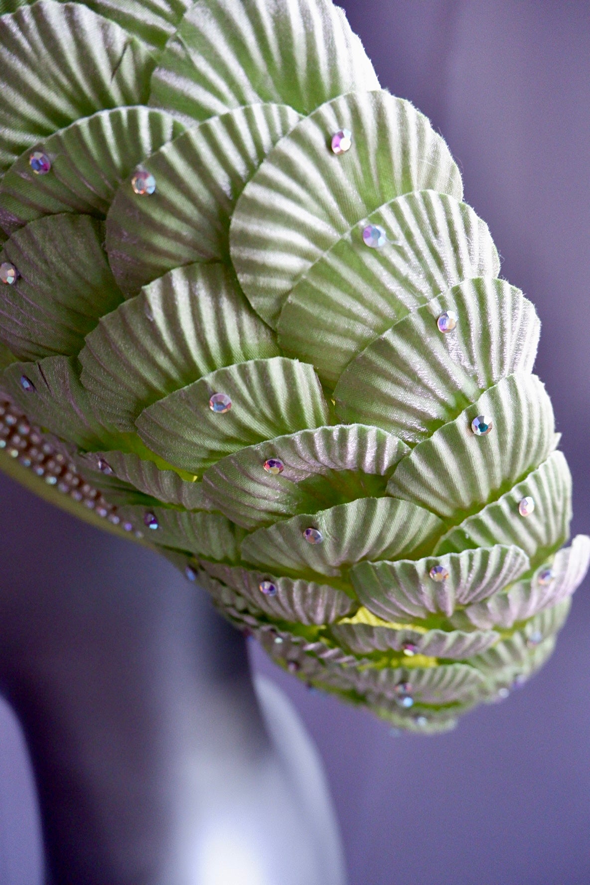 Vintage Jack McConnell Couture Hat – Sculpted Green Seashell Crown with Rhinestones & Pearl Band