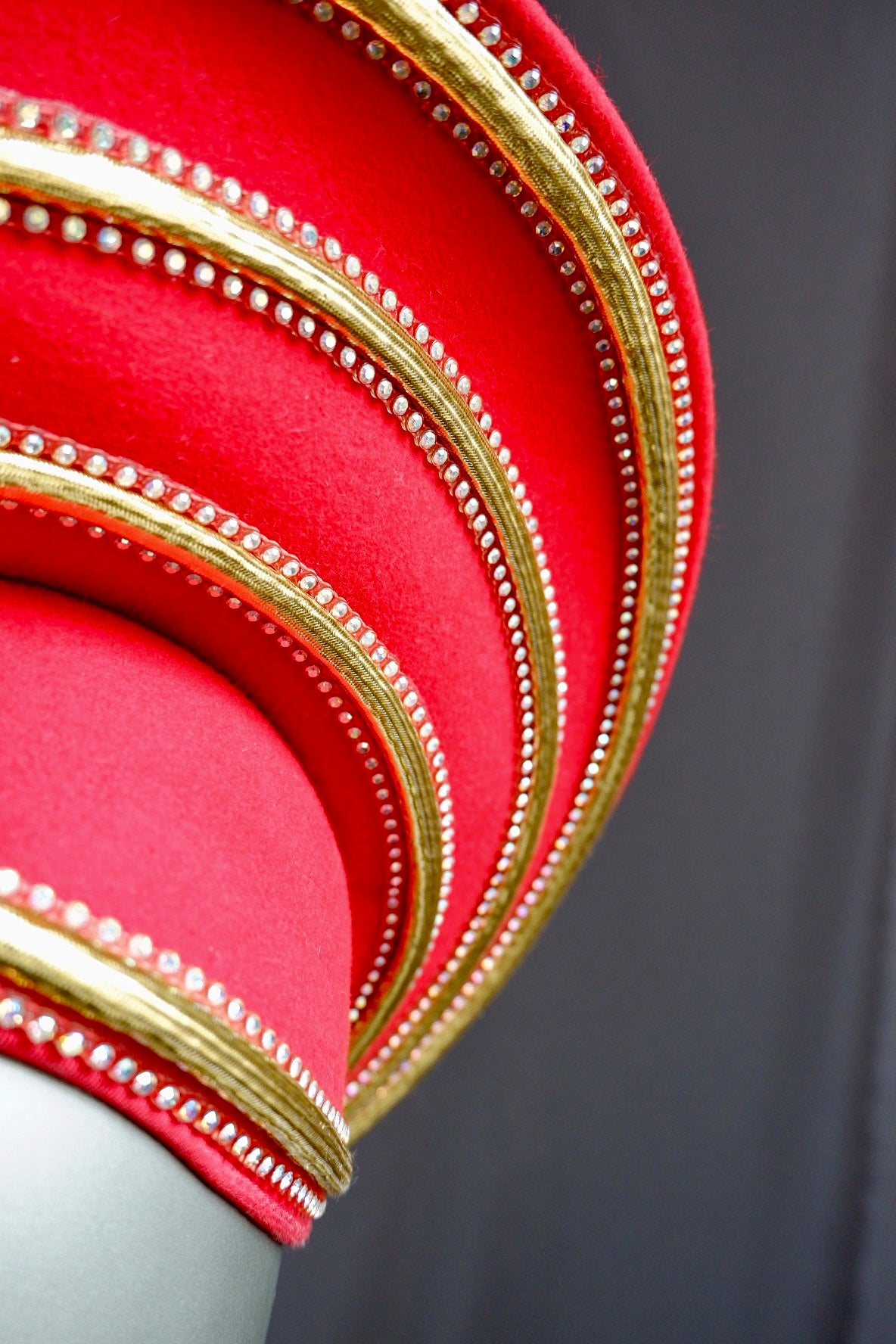 Exquisite Vintage Jack McConnell Red Sculptural Hat – Gold & Pearl Beaded Trim