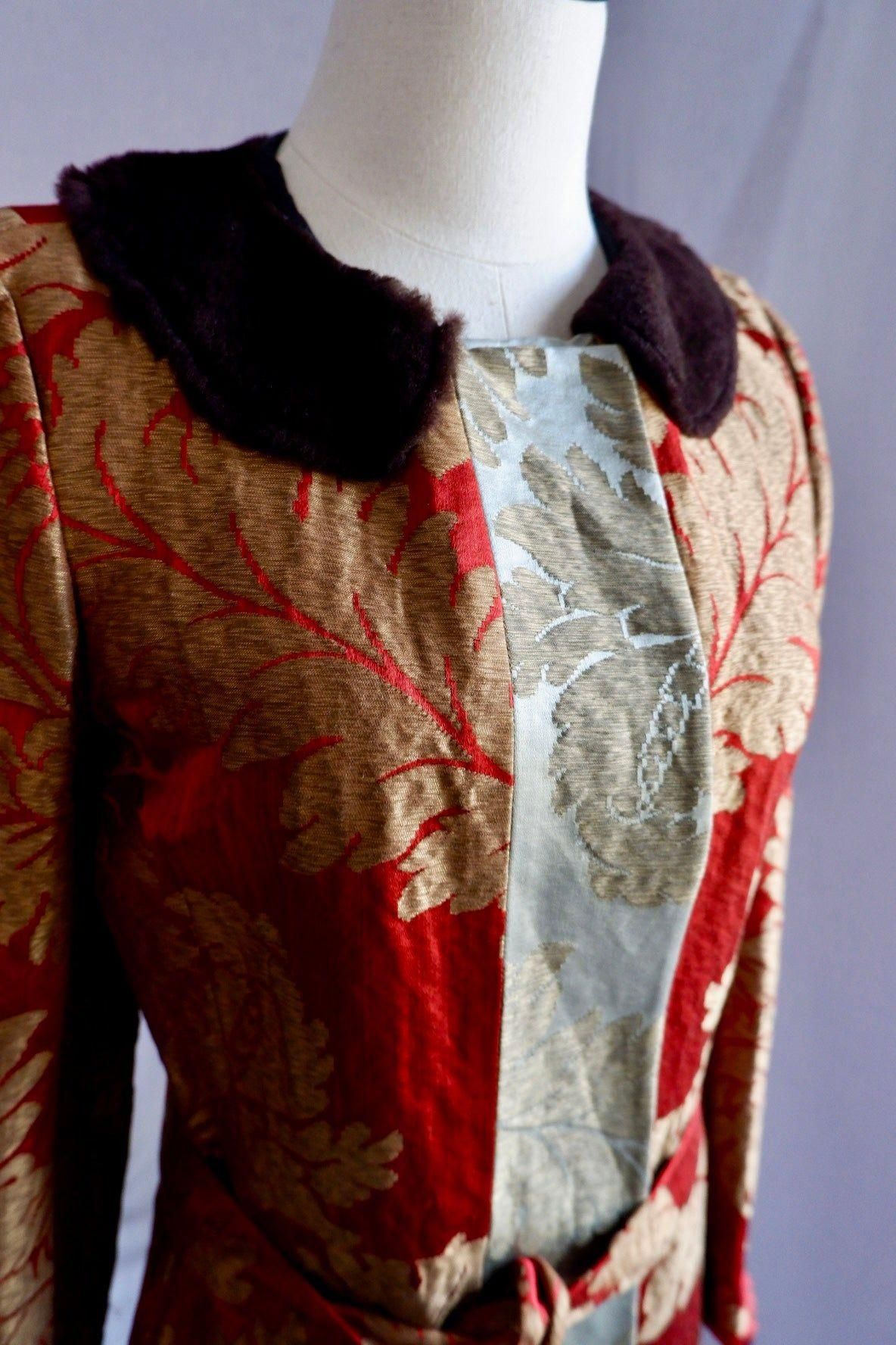 Early 2000s Red and Gold Brocade Jacket with Shearling Collar S/M