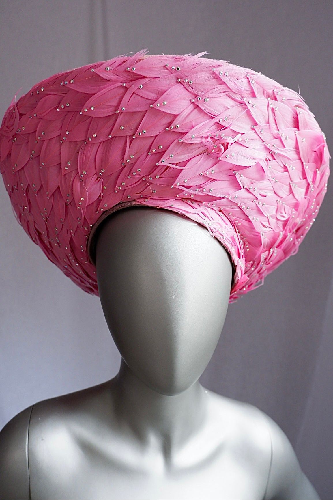 Vintage Jack McConnell Red Feather Hat – Sculpted Pink Feathered Halo with Beaded Accents