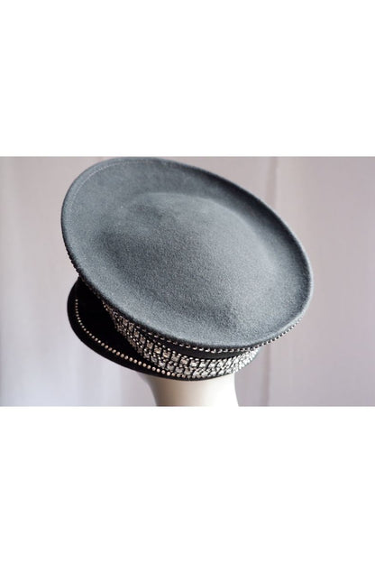 Vintage Tim Crawford Wool Hat – Sculptural Felt with Rhinestone Banding