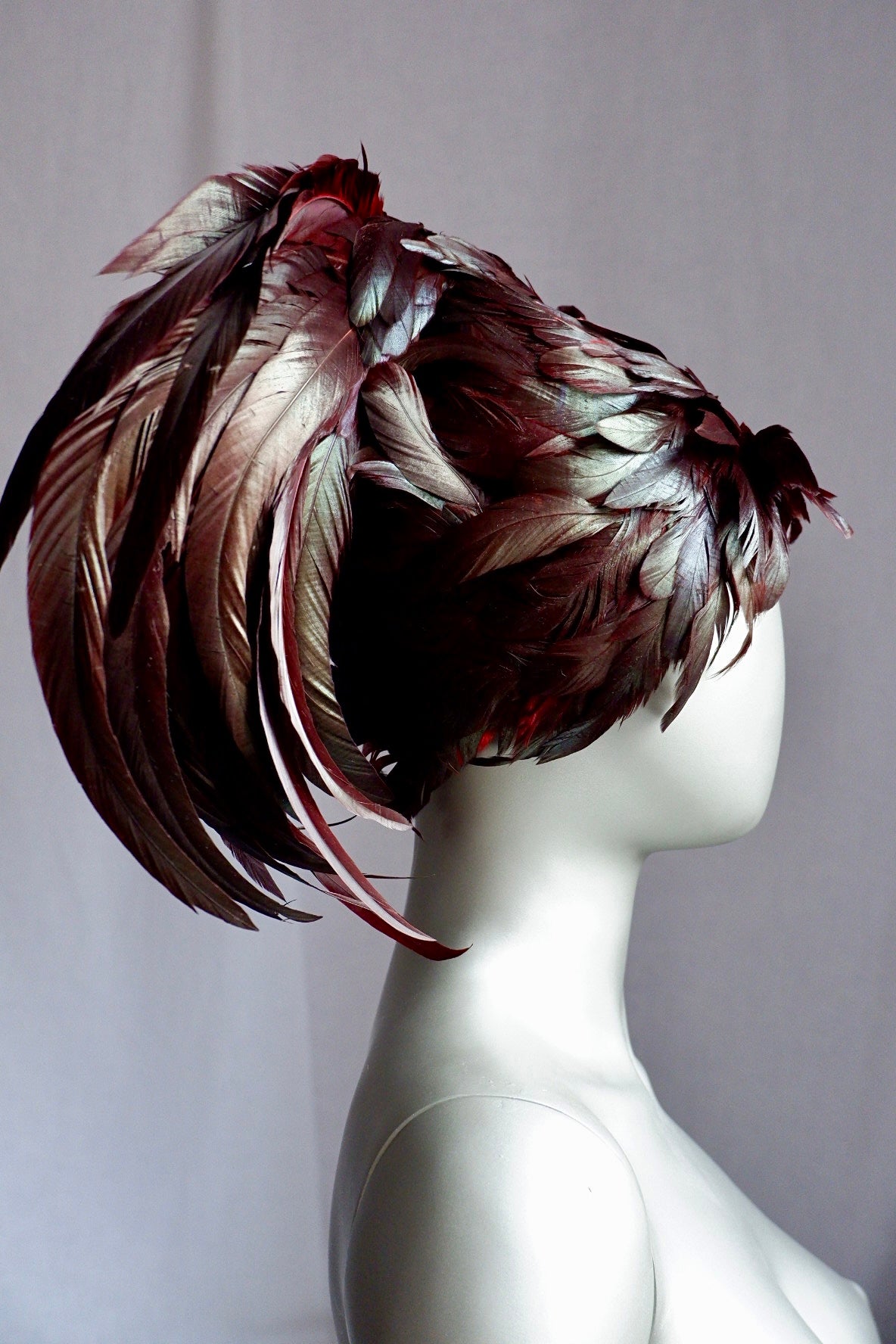 Vintage Jack McConnell Feathered Avant-Garde Hat – Garnet Coque & Goose Plumage with Signature Red Feather