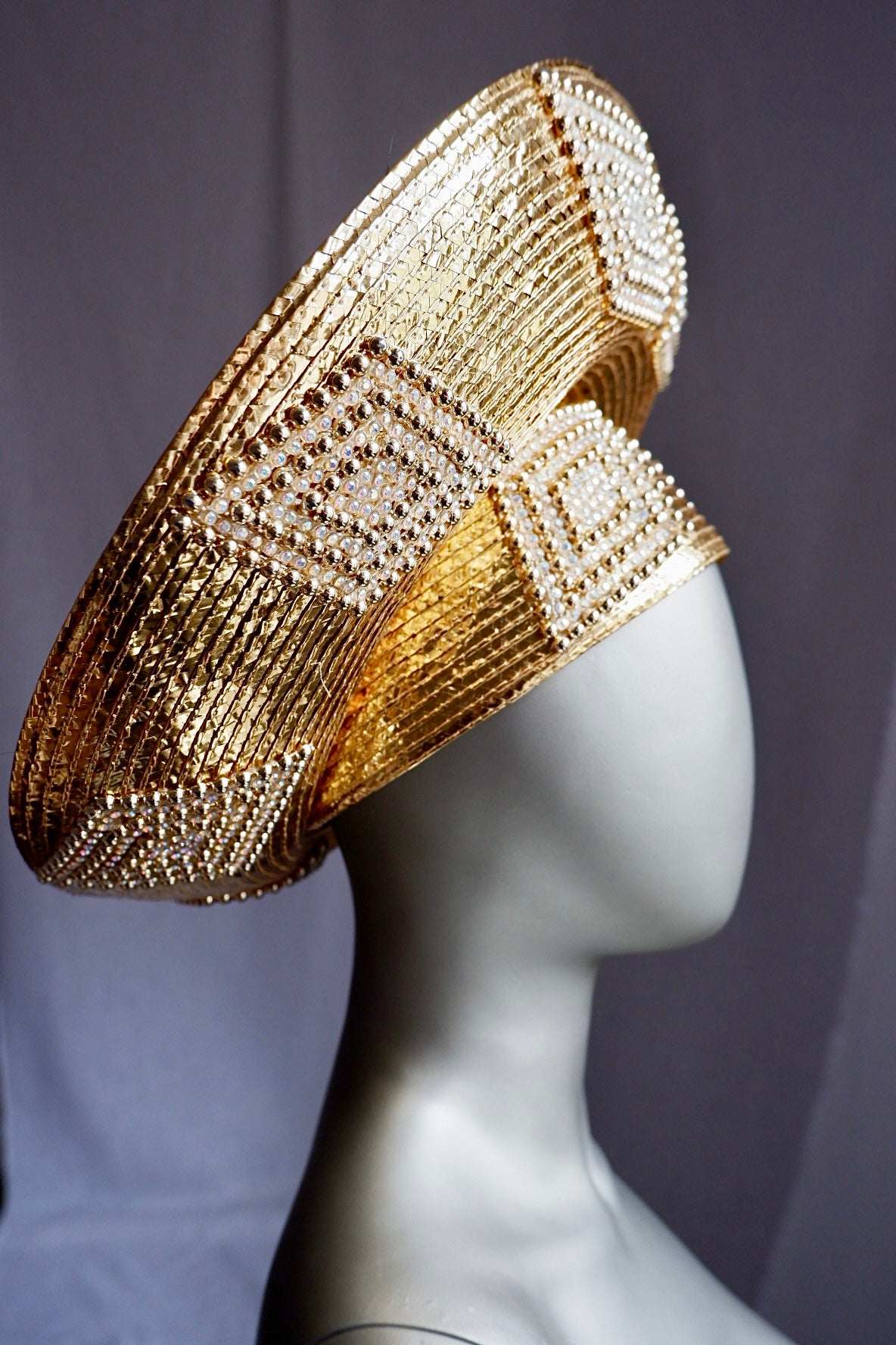 George Zamau’l Gold Rhinestone Straw Halo Hat