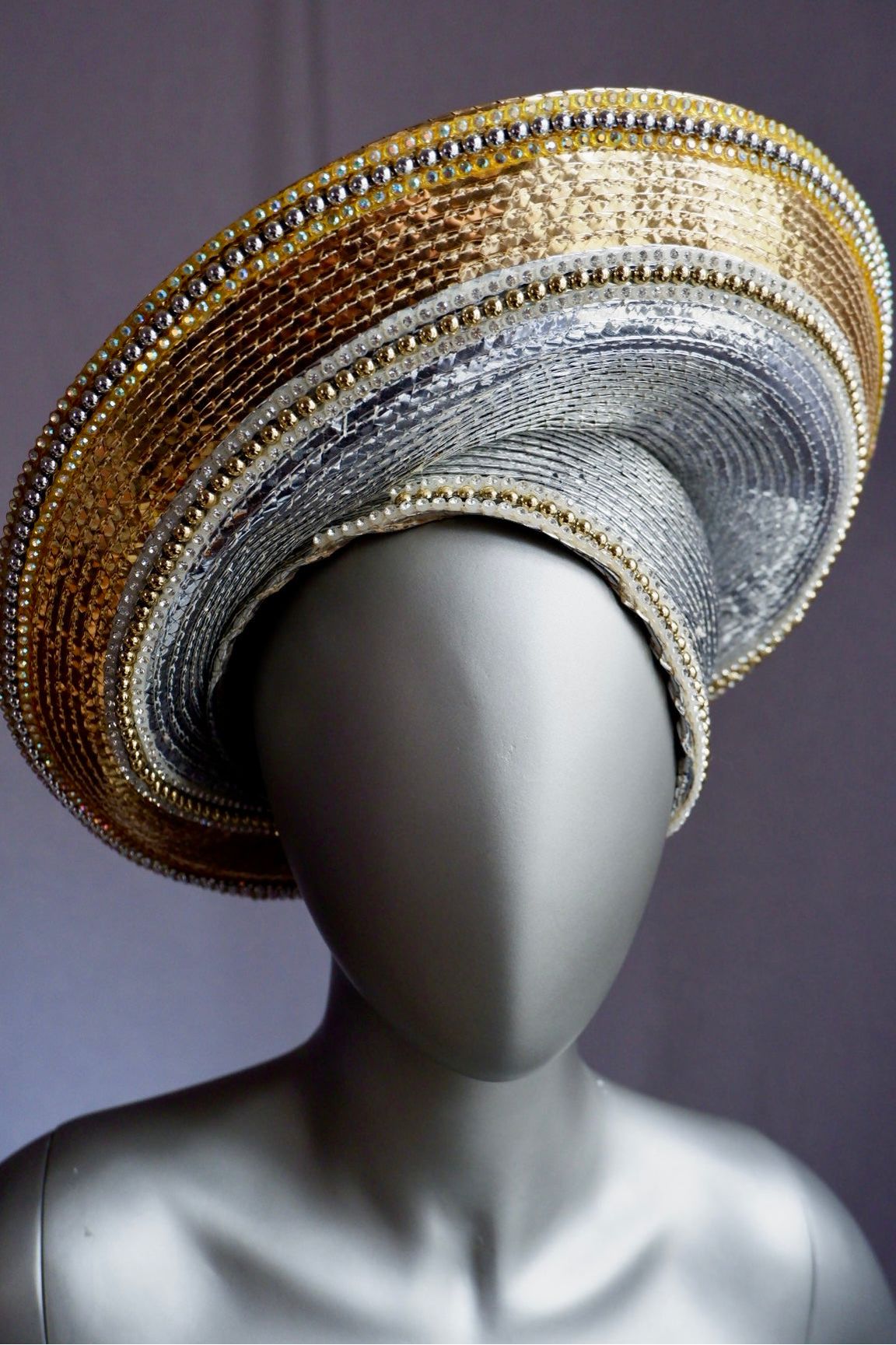 Vintage Jack McConnell Couture Red Feather Hat – Layered Metallic Straw with Rhinestone Detail

