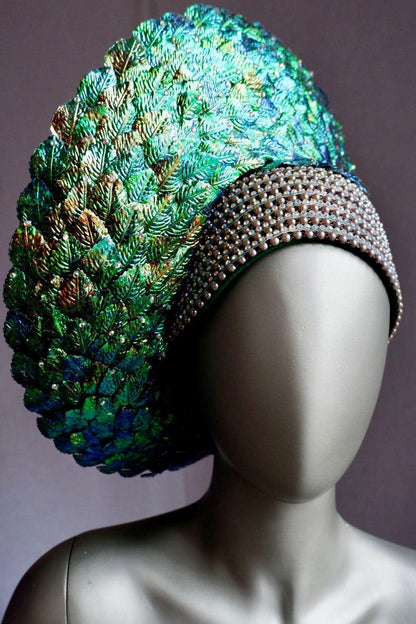 Vintage George Zamau’l Beaded Hat – Iridescent Green Feathers & Rhinestone Trim

