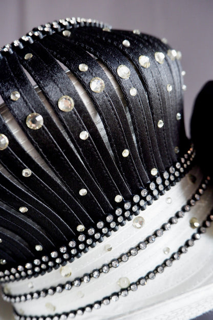 Vintage Elite Champagne Dramatic Ribbon Crown Hat – Rhinestone Embellishments & Oversized Crystal Bloom