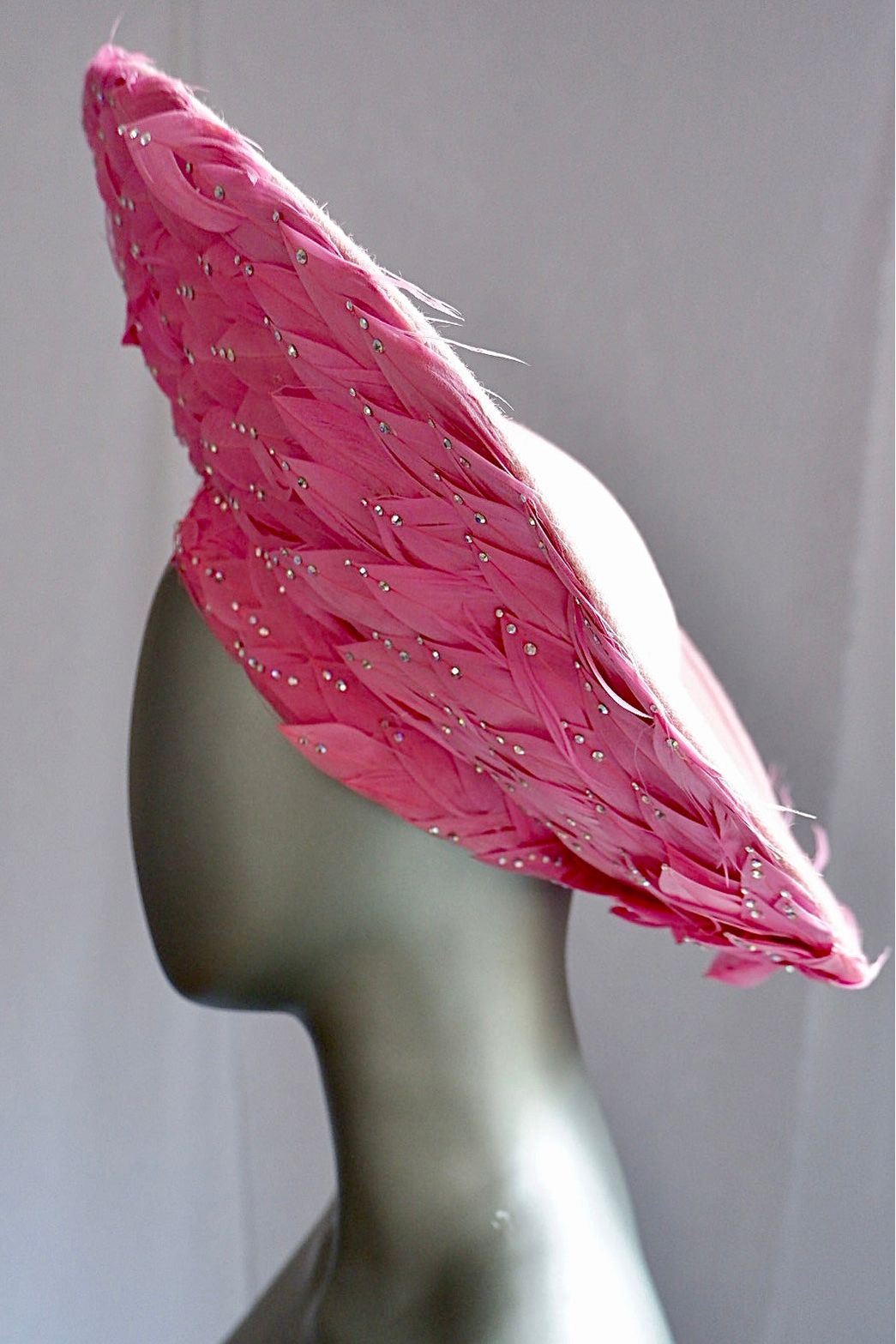 Vintage Jack McConnell Red Feather Hat – Sculpted Pink Feathered Halo with Beaded Accents
