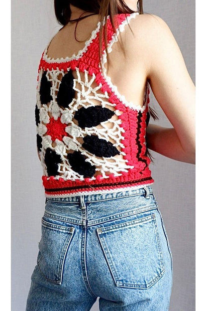 1970s Vintage Jondale Crocheted Granny Square Vest – Bold Red, Black & Cream, Boho Style Small