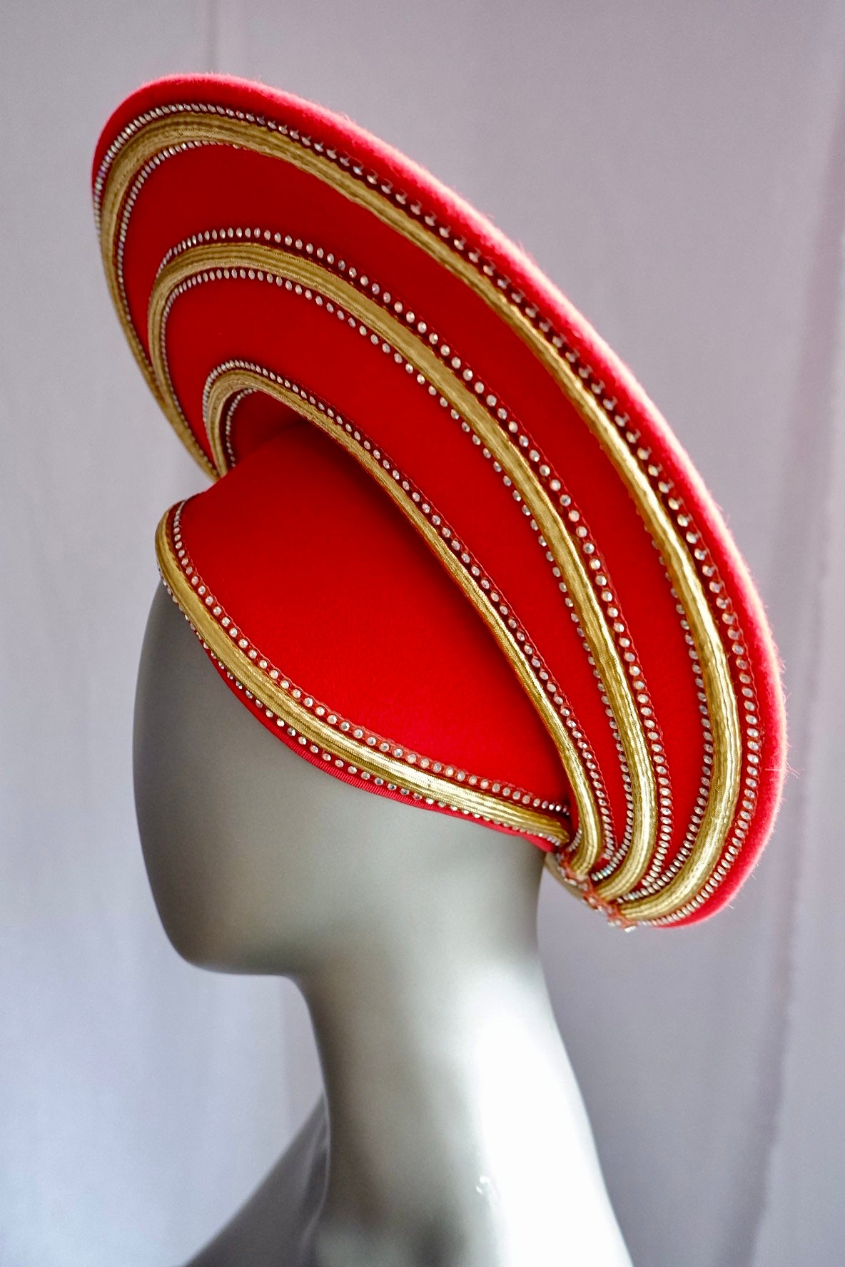 Exquisite Vintage Jack McConnell Red Sculptural Hat – Gold & Pearl Beaded Trim