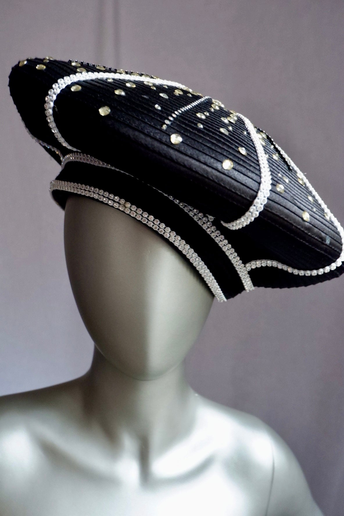 Vintage Sculptural Black Hat with Rhinestone Sunburst & Pearl Trim