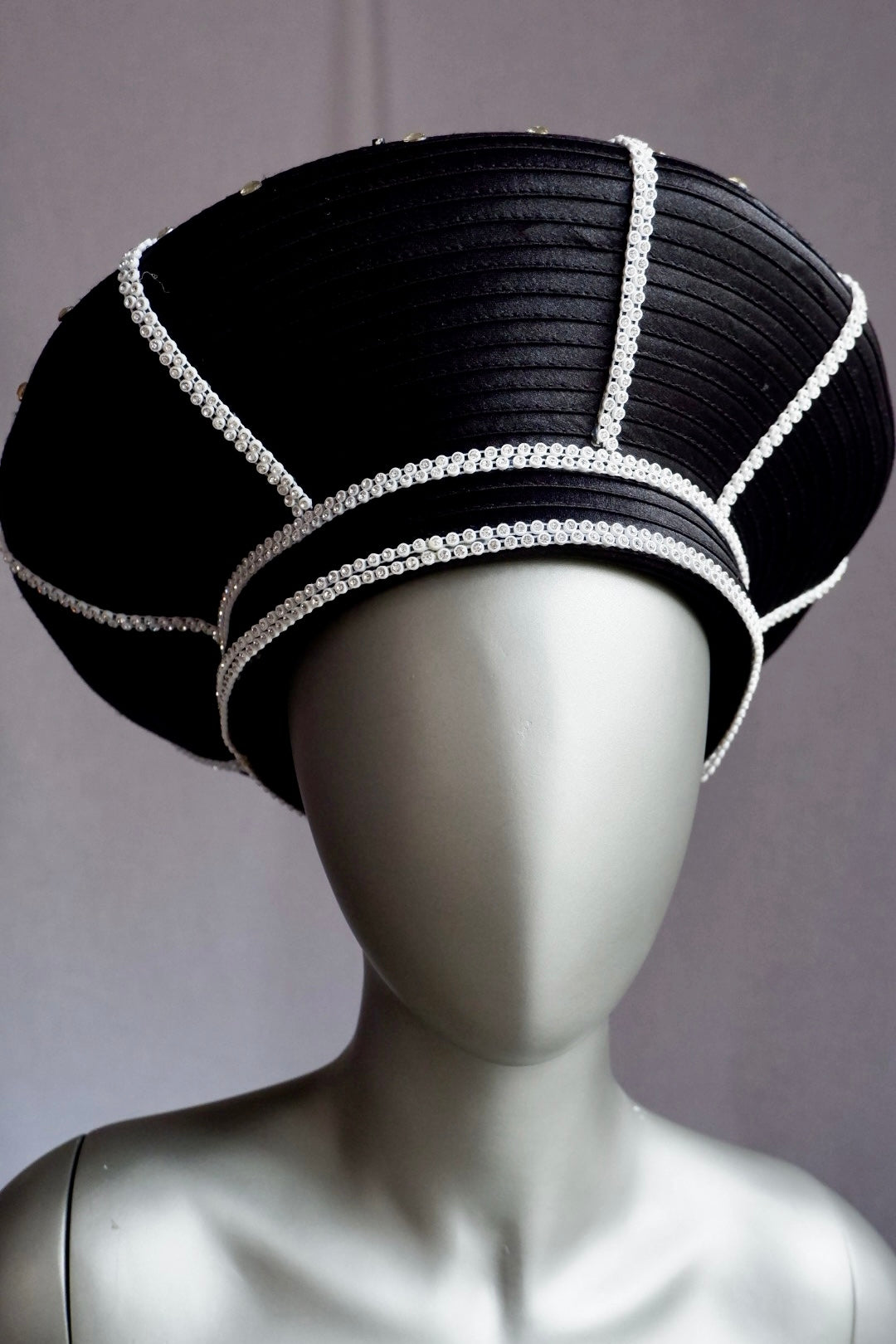 Vintage Sculptural Black Hat with Rhinestone Sunburst & Pearl Trim