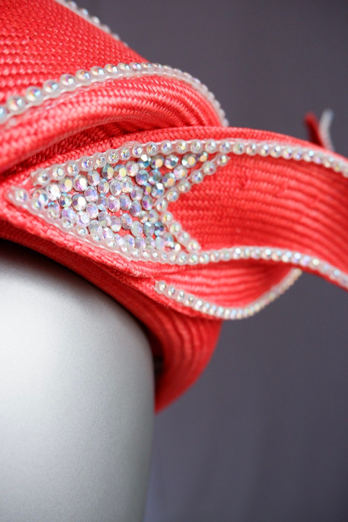Deadstock Vintage Jack McConnell Couture Hat – Sculptural Red with Rhinestone Flame Trim
