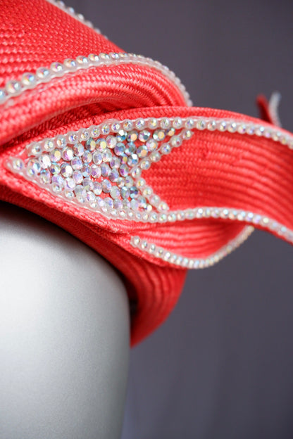 Deadstock Vintage Jack McConnell Couture Hat – Sculptural Red with Rhinestone Flame Trim
