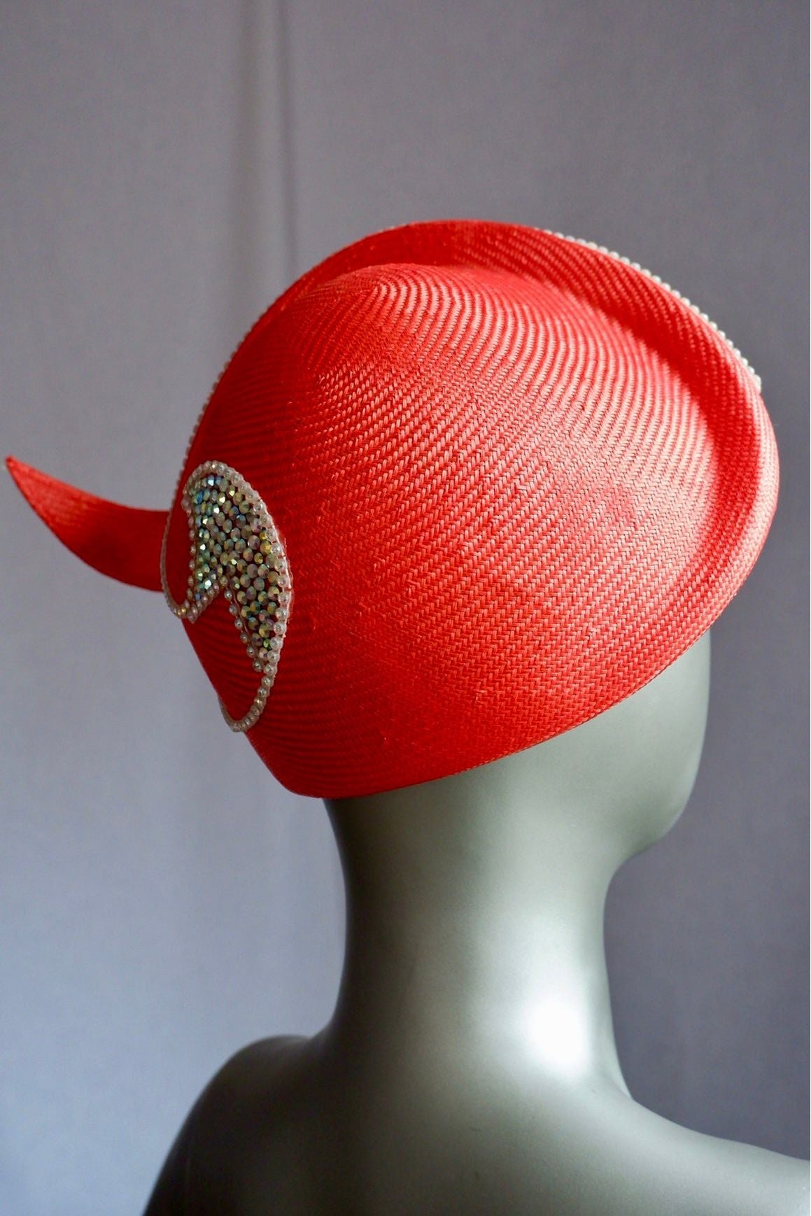 Deadstock Vintage Jack McConnell Couture Hat – Sculptural Red with Rhinestone Flame Trim
