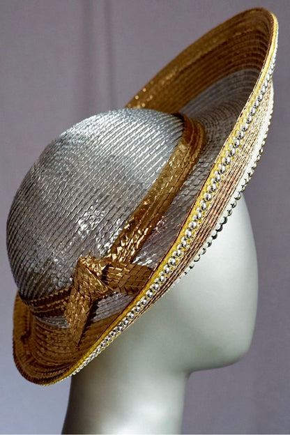 Vintage Jack McConnell Couture Red Feather Hat – Layered Metallic Straw with Rhinestone Detail

