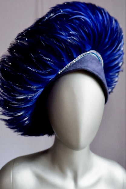 Cobalt Blue Jack McConnell Red Feather Hat with Faux Plume Trim and Velvet Base