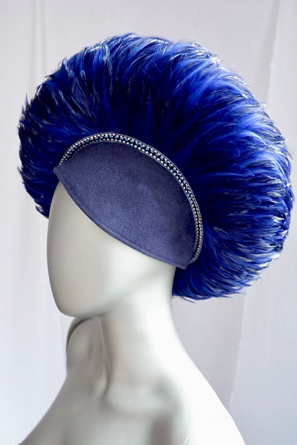 Cobalt Blue Jack McConnell Red Feather Hat with Faux Plume Trim and Velvet Base
