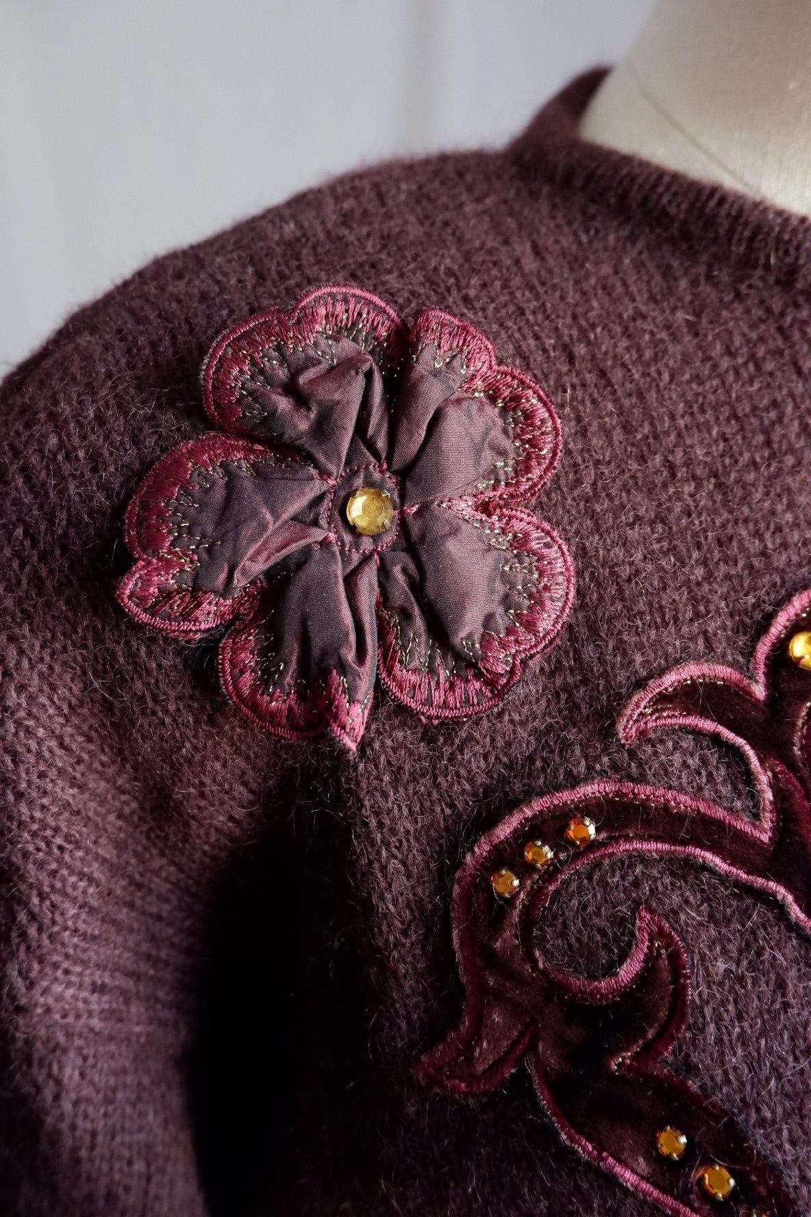 1980s Vintage Escada Deep Purple-Brown Wool Sweater with Velvet Appliqué and Beading