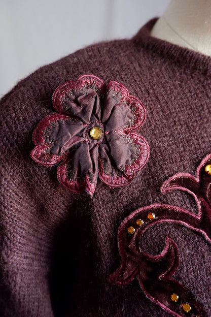 1980s Vintage Escada Deep Purple-Brown Wool Sweater with Velvet Appliqué and Beading
