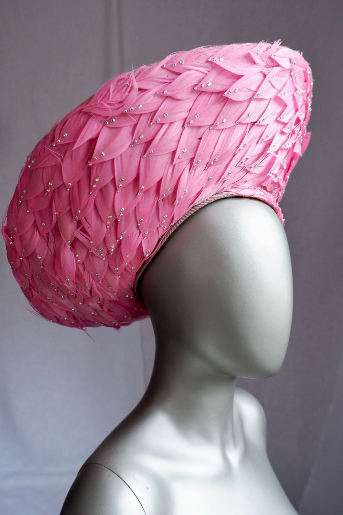 Vintage Jack McConnell Red Feather Hat – Sculpted Pink Feathered Halo with Beaded Accents