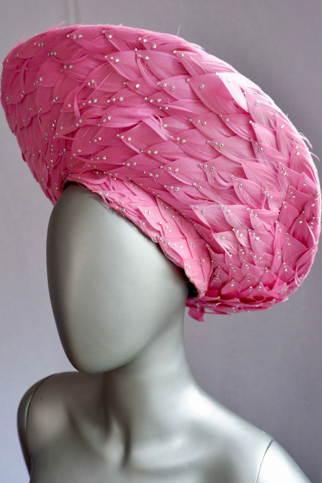 Vintage Jack McConnell Red Feather Hat – Sculpted Pink Feathered Halo with Beaded Accents