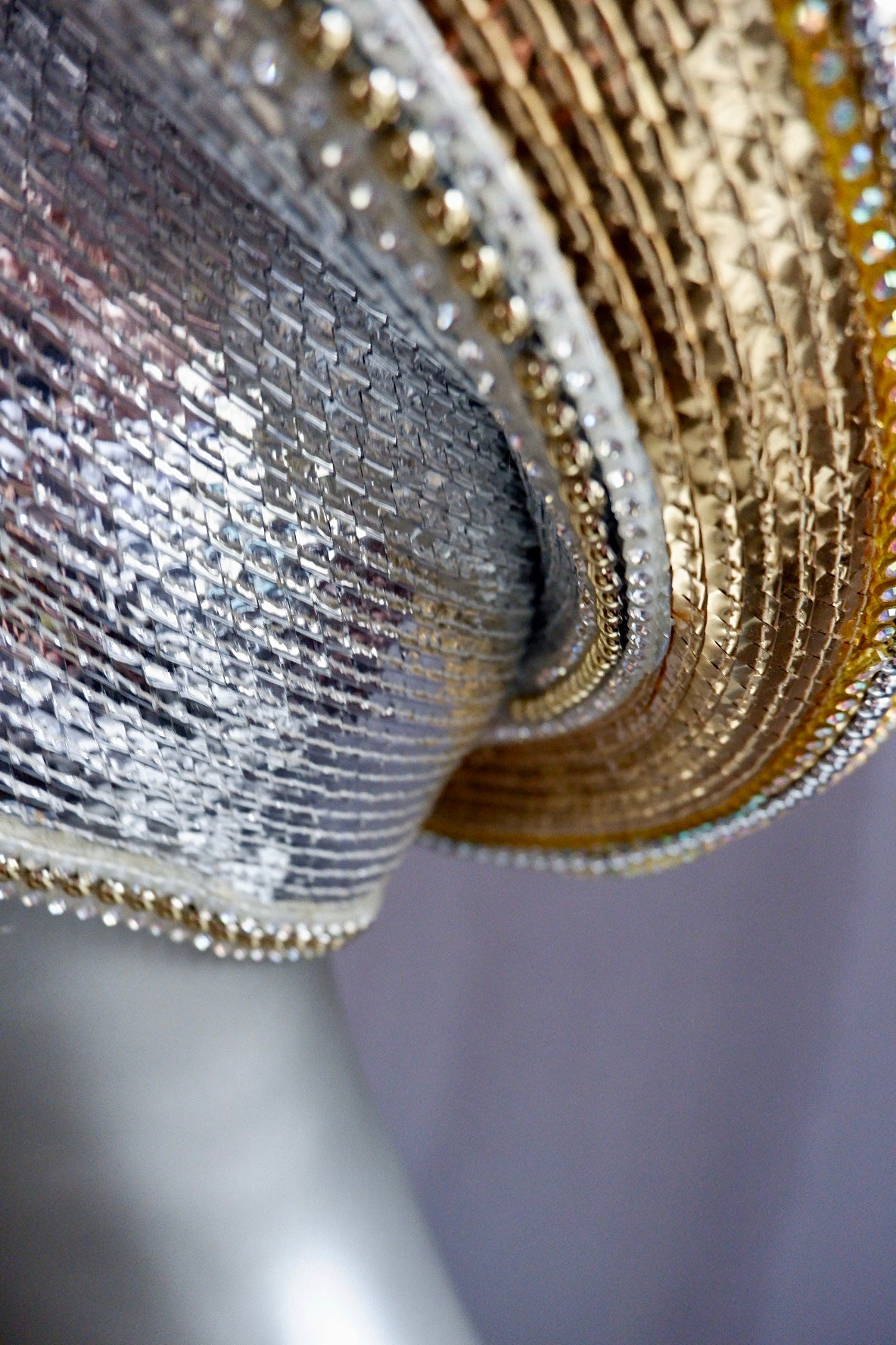 Vintage Jack McConnell Couture Red Feather Hat – Layered Metallic Straw with Rhinestone Detail

