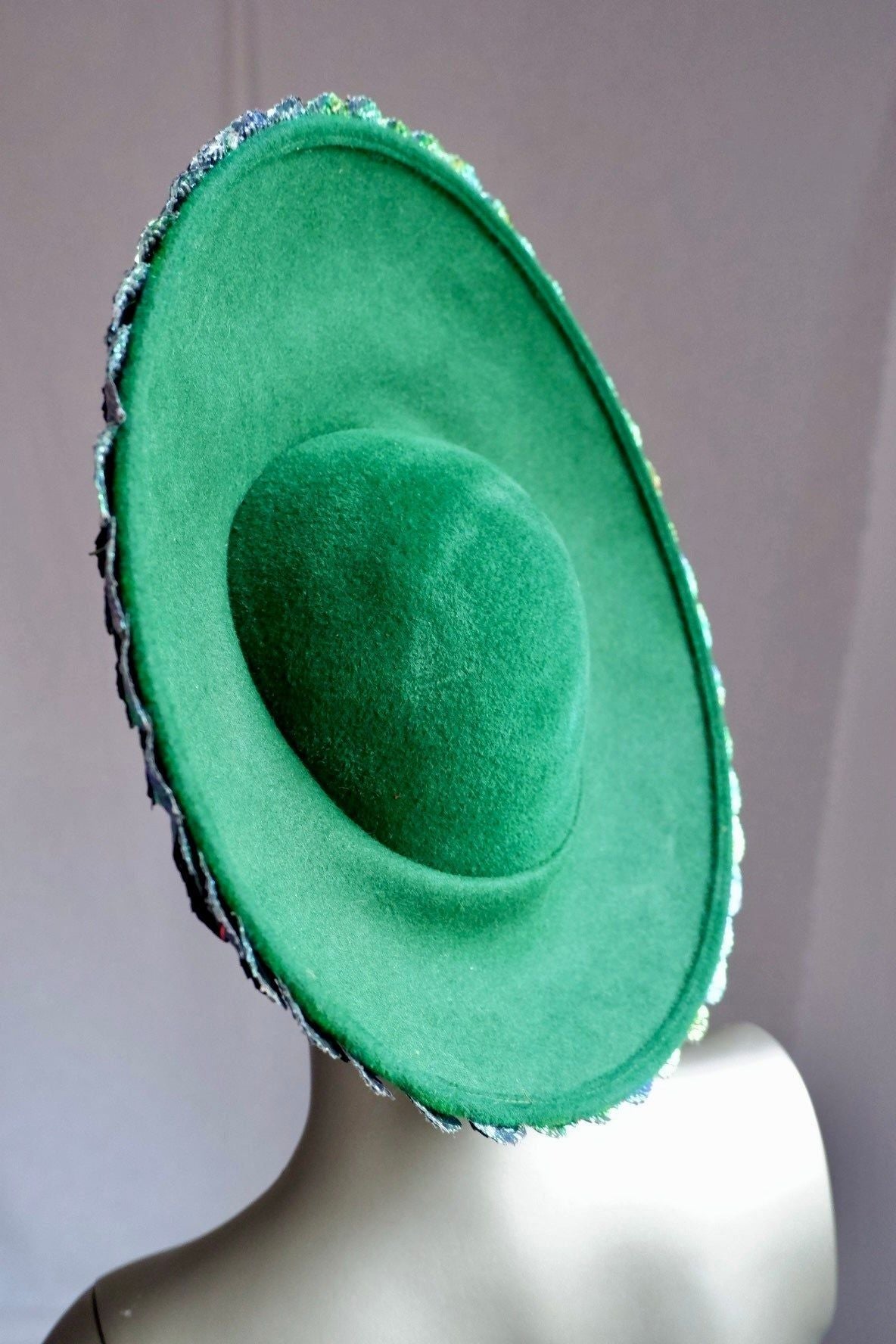Vintage George Zamau’l Beaded Hat – Iridescent Green Feathers & Rhinestone Trim

