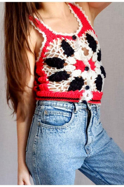 1970s Vintage Jondale Crocheted Granny Square Vest – Bold Red, Black & Cream, Boho Style Small