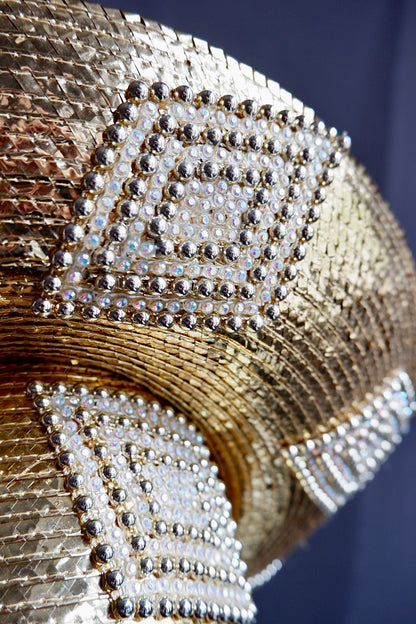 George Zamau’l Gold Rhinestone Straw Halo Hat