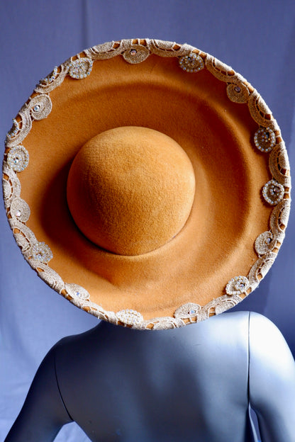 Vintage Jack McConnell Red Feather Hat – Gold Embroidered Couture Halo with Sequins & Beads