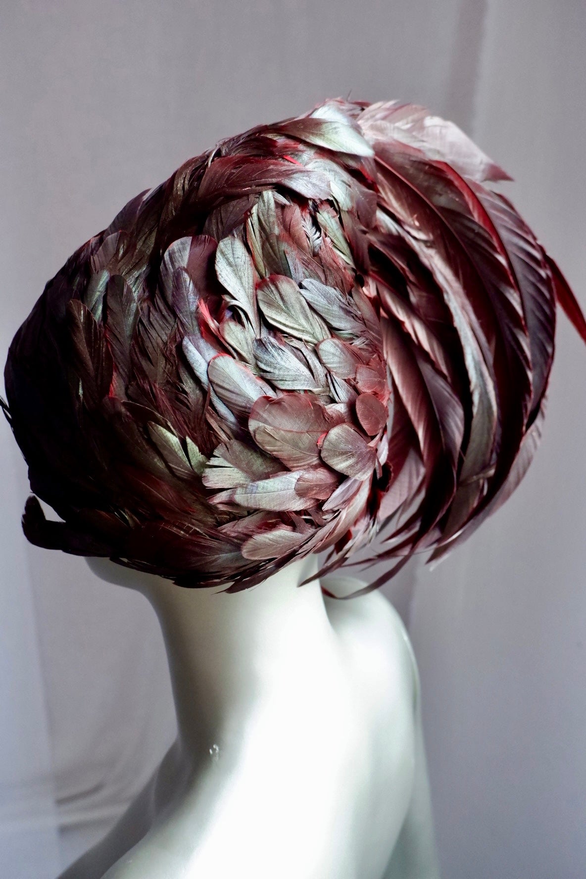 Vintage Jack McConnell Feathered Avant-Garde Hat – Garnet Coque & Goose Plumage with Signature Red Feather