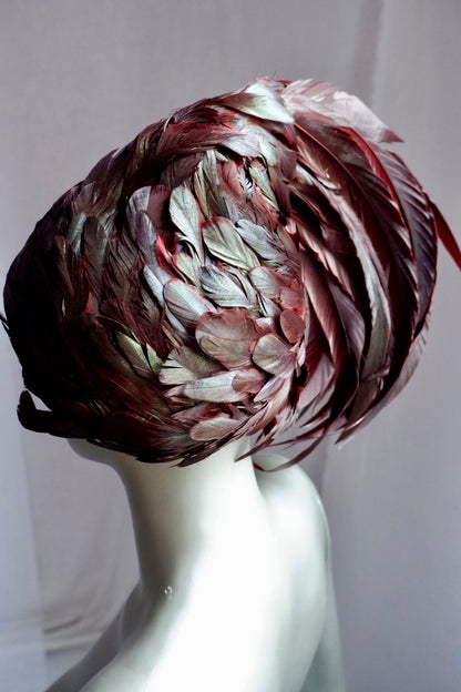 Vintage Jack McConnell Feathered Avant-Garde Hat – Garnet Coque & Goose Plumage with Signature Red Feather