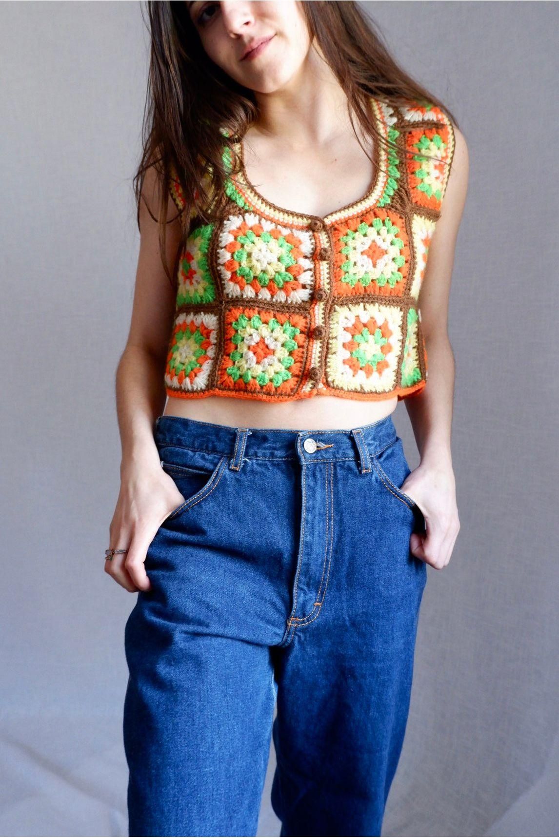 1970s Vintage Handmade Crochet Granny Square Vest – Bold Colors, Boho Style, Small