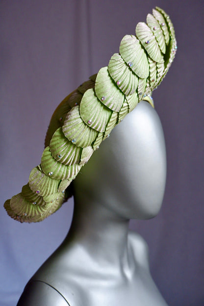 Vintage Jack McConnell Couture Hat – Sculpted Green Seashell Crown with Rhinestones & Pearl Band
