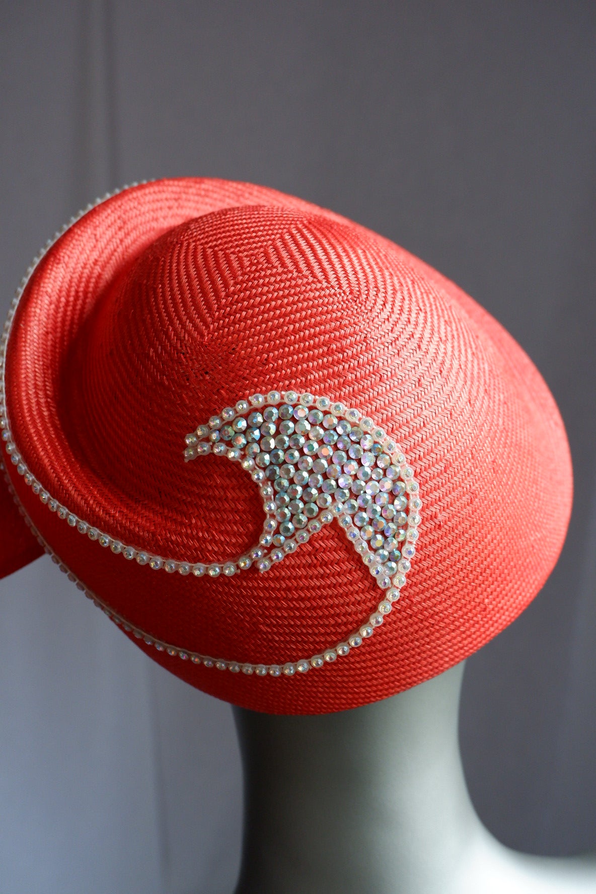 Deadstock Vintage Jack McConnell Couture Hat – Sculptural Red with Rhinestone Flame Trim
