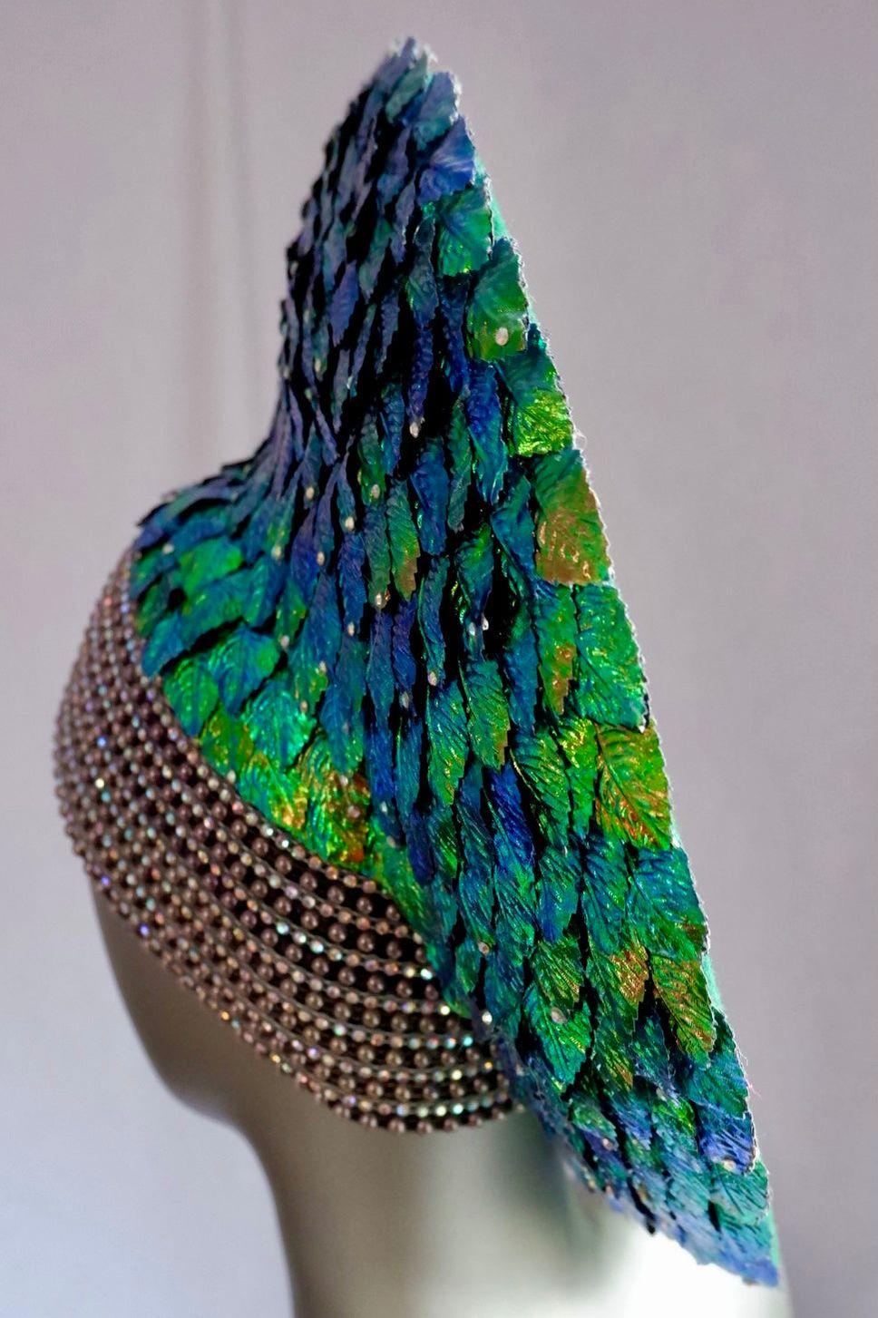 Vintage George Zamau’l Beaded Hat – Iridescent Green Feathers & Rhinestone Trim

