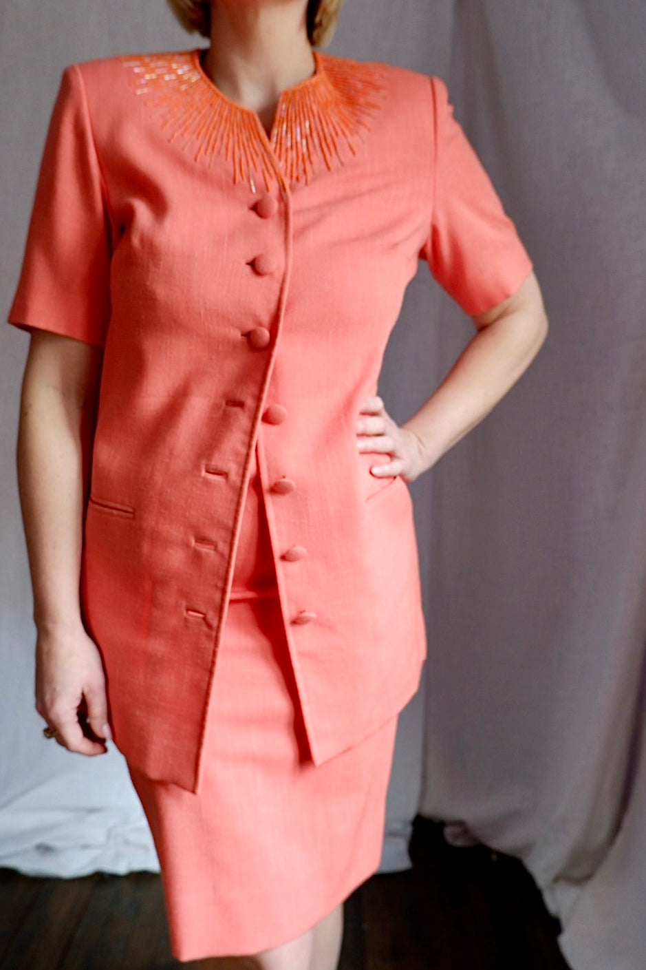 1960s coral beaded custom two-piece skirt suit
