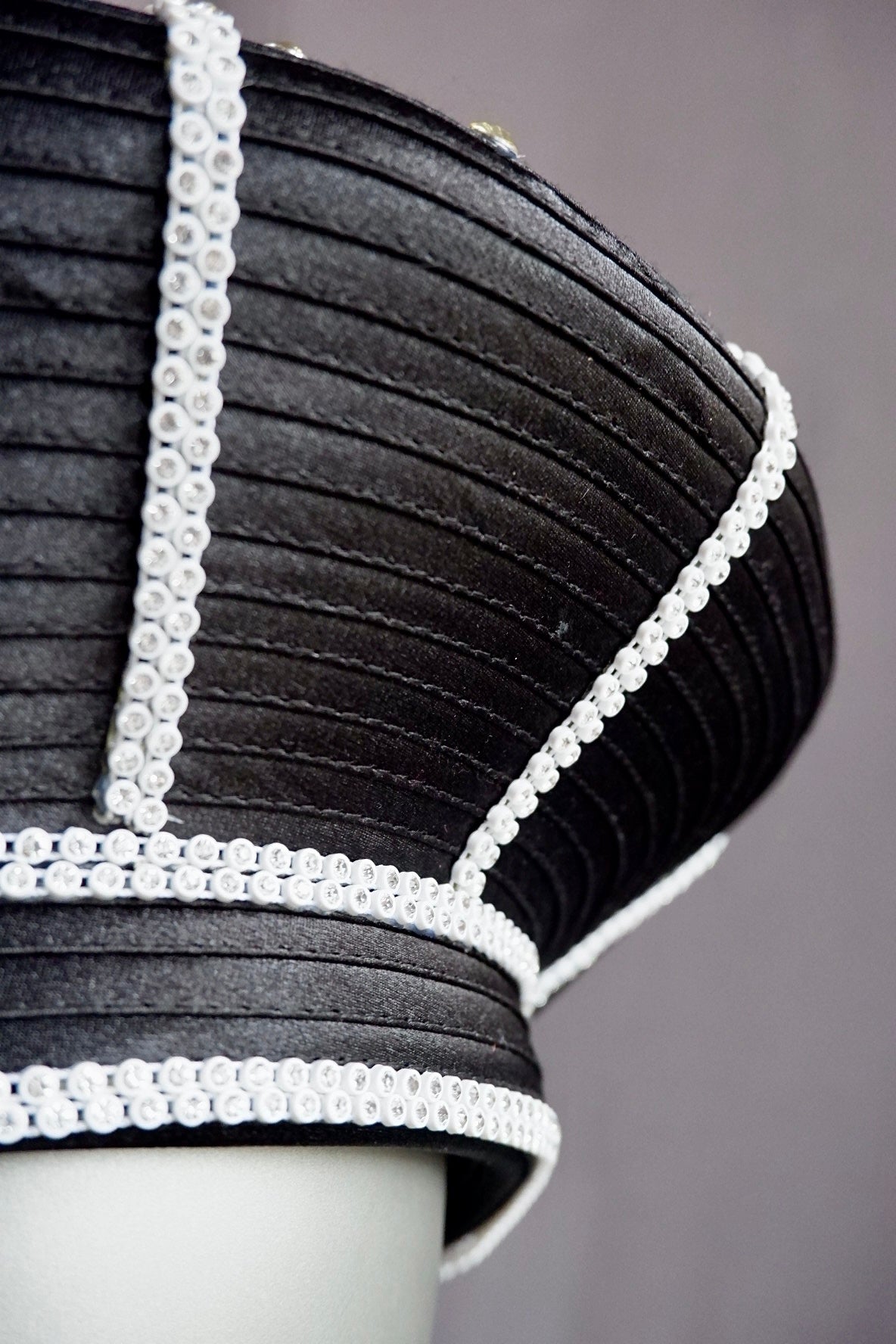Vintage Sculptural Black Hat with Rhinestone Sunburst & Pearl Trim