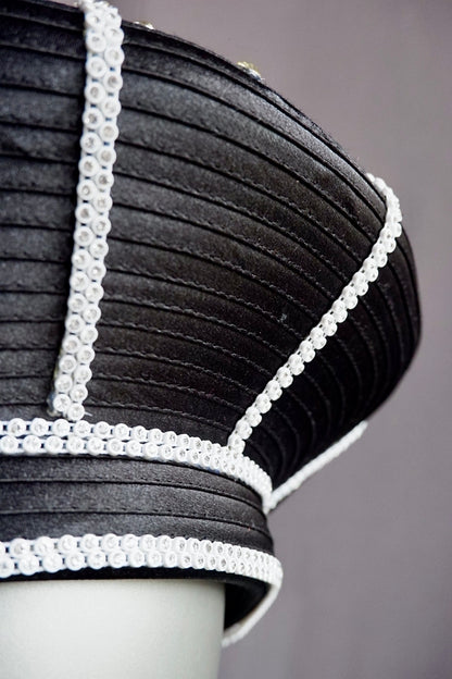 Vintage Sculptural Black Hat with Rhinestone Sunburst & Pearl Trim