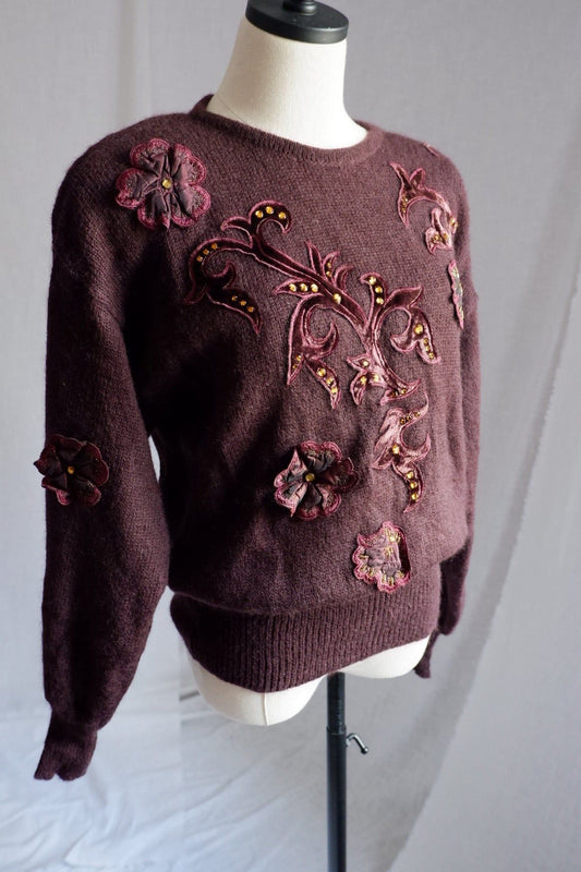 1980s Vintage Escada Deep Purple-Brown Wool Sweater with Velvet Appliqué and Beading